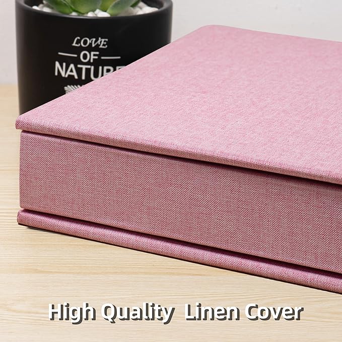 Large Photo Album Self Adhesive 4x6 5x7 3x5 8.5x11 Scrapbook Magnetic Album DIY Scrap Book Length 13 x Width 12.8 (Inches) 120 Sticky Pages Linen Cover DIY Photo Album (Pink)