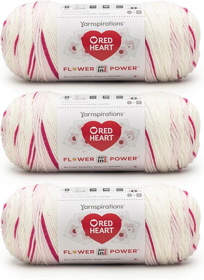 Red Heart All in ONE Flower Power Cherry Blossom Yarn - 3 Pack of 8.8oz/250g - 100% Acrylic - #4 Worsted (Medium) - 440 Yards - Knitting/Crochet