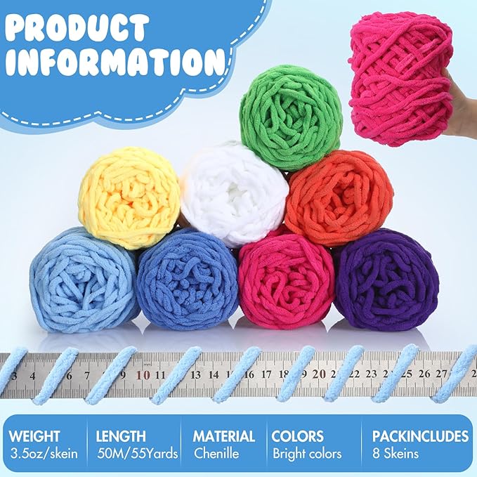 Buryeah Chunky Chenille Yarn for Crocheting Soft Thick Fluffy Yarn for Hand Knitting Bulky Velvet Blanket Plush for Weaving DIY Crafts Each 3.5 oz 55 Yards(Bright Colors,8 Pack)