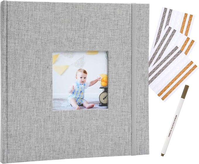 Scrapbook Album, 8"x8" DIY Photo Album with Square Window Linen Cover Kraft Paper 32 Sheets, Stylish Memory Book for Wedding, Anniversary, Family, Travel, Grey