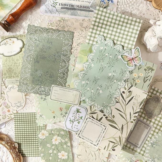 OKUPAN Scrapbook Supplies Kit – 100Pcs Vintage Floral Scrapbook Paper & Junk Journal Stickers, Journaling Supplies for Bullet Journaling, Retro Crafts, Mixed Media, Planner, Collage Card Album (Green)