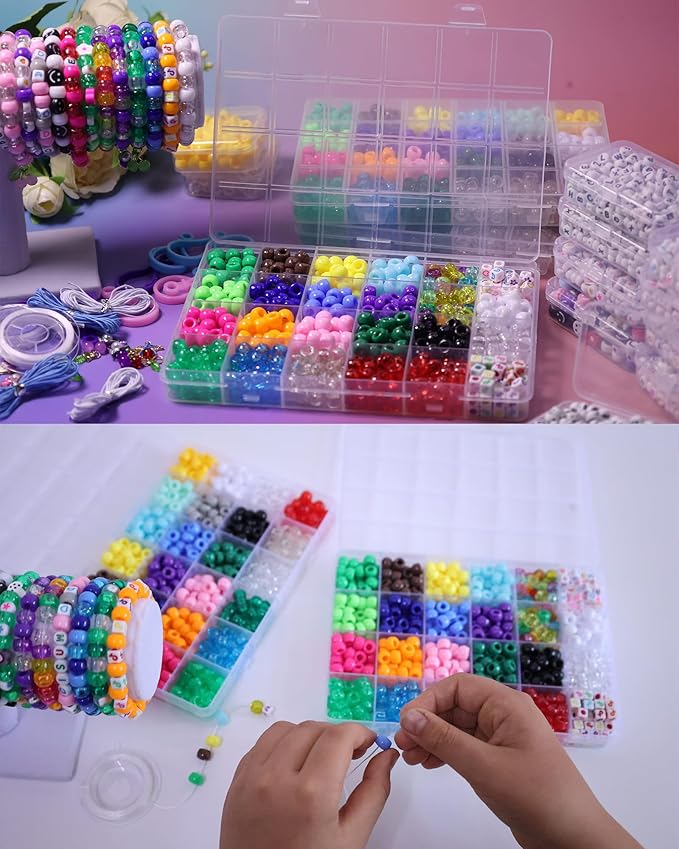 6800pcs Pony Beads in Bulk for Bracelet Making Kit, Multicolored Plastic Beads for Hair Braiding, Alphabet Beads, DIY Crafts, Kandi Friendship Charm Bracelet Keychain Making