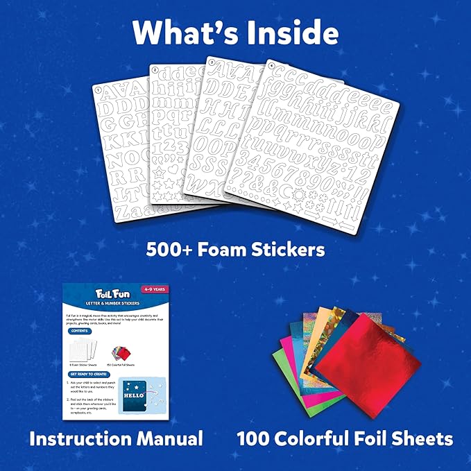 skillmatics foil fun - letter & number stickers, mess-free art, project kits, diy colorful creative activity, gifts for ages 5, 6, 7, 8, 9, and up