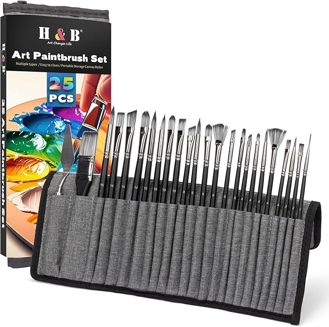 25PCS H&B Paint Brush Set, Travel Watercolor Acrylic Painting Brushes with Canvas Roll & Palette Knife, Professional Artist Brush Kit for Oil, Acrylic Canvas Paintings(Black)