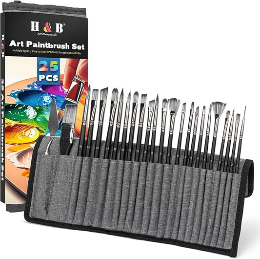 25PCS H&B Paint Brush Set, Travel Watercolor Acrylic Painting Brushes with Canvas Roll & Palette Knife, Professional Artist Brush Kit for Oil, Acrylic Canvas Paintings(Black)