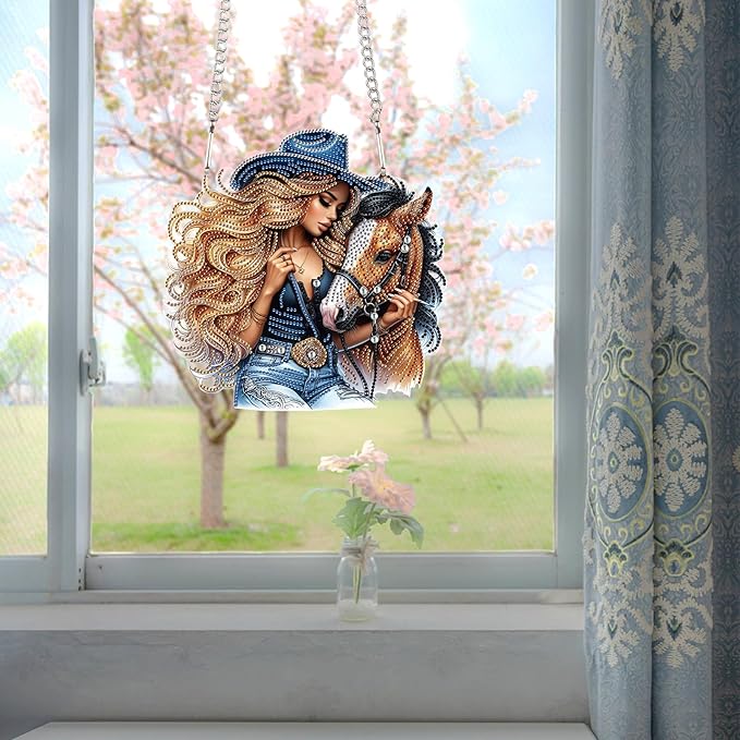 JZHYOAN Diamond Painting Arts Hanging Kit DIY Woman and Horse Acrylic Pendant Ornaments Craft Kits Crystal Art Pendant Wind Chimes with Diamonds Diamond Art Window Pendants Craft for Adult