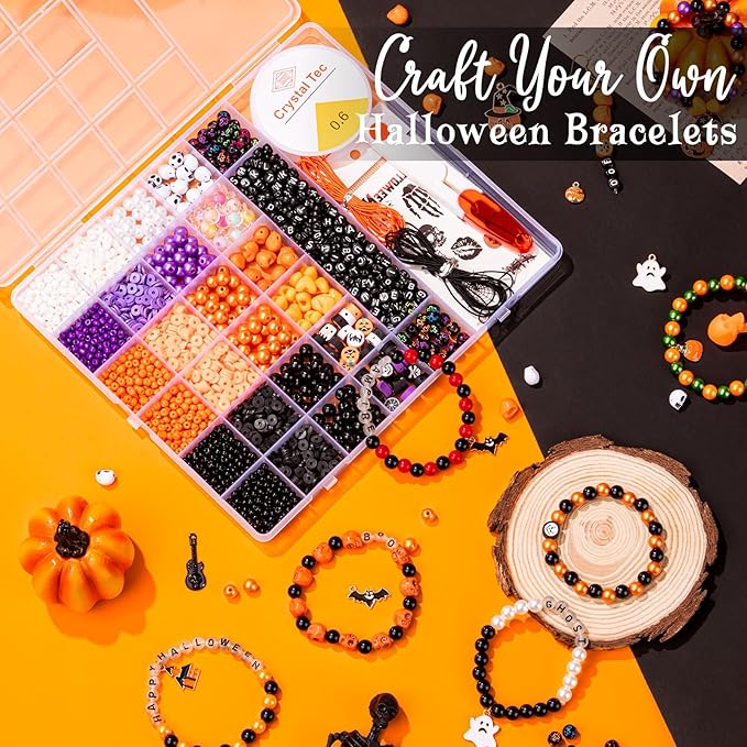 Goldwise Halloween-Inspired Jewelry Making Kit for Adults, 2 Boxes with Black, Orange & Purple Beads, Alphabet Beads (A–Z) & Halloween Charms for DIY Jewelry Design