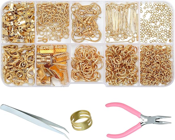 Gacuyi Jewelry Making Supplies Kit, Jewelry Repair Tools Kit with Pliers, Open Jump Rings, Lobster Clasps, Earring Hooks, Eye Pins, Findings and Beading Wires for Adults and Beginners (KC Gold)