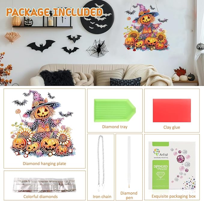 RICUVED Diamond Art Hanging Kit for Adult, Pumpkin Special Shaped Crystal Gem Craft Halloween Diamond Painting Pendant Kit for Beginners, Scarecrow DIY Hanging Diamond Art Ornament Kit for Home Garden