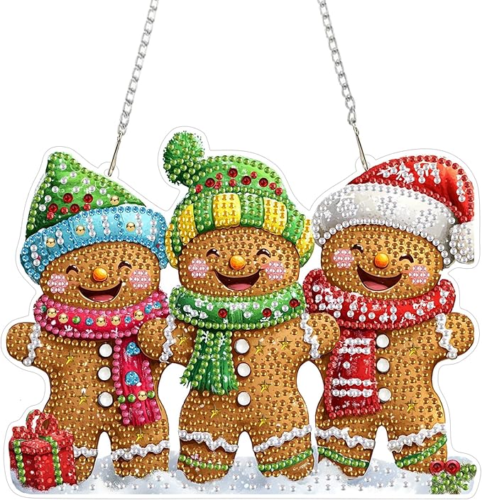 KEYIFA Diamond Painting Kit, DIY Gingerbread Man Diamond Art Hanging for Adults Beginner, Gem Arts Pendant Special Shaped Rhinestone Window Ornaments Wall Door Garden Decoration Gift, Double Sided