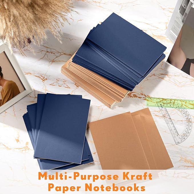 mimorou 100 pcs journals notebooks bulk - kraft softcover a5 small notebooks 5.5 inch x 8.3 inch notepads with 60 page 30 sheet for writing sketch travel office supplies(brown, navy,lined)