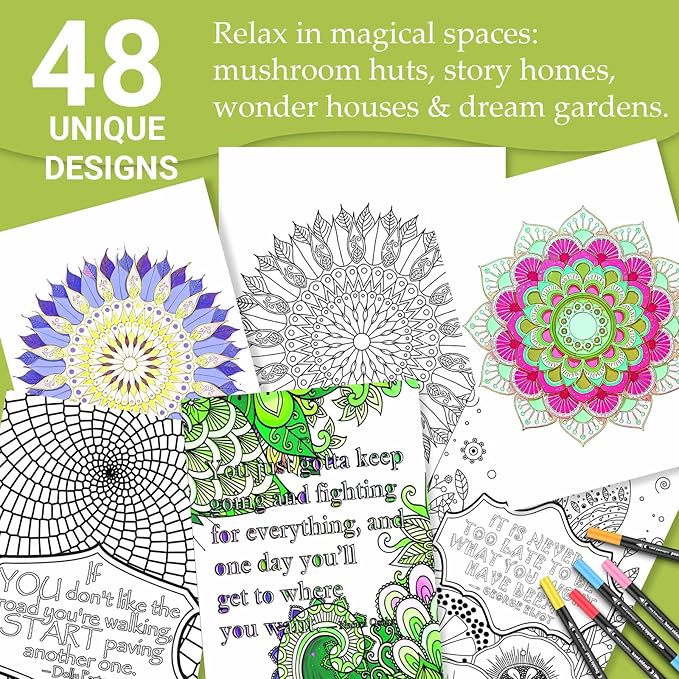 Adult Coloring Book for Women Relaxation, Spiral Bound Mindfulness Coloring Book with 24 Colors Markers for Adult, Anxiety Relief Gifts with 48 Pictures (Quotes & Mandala)