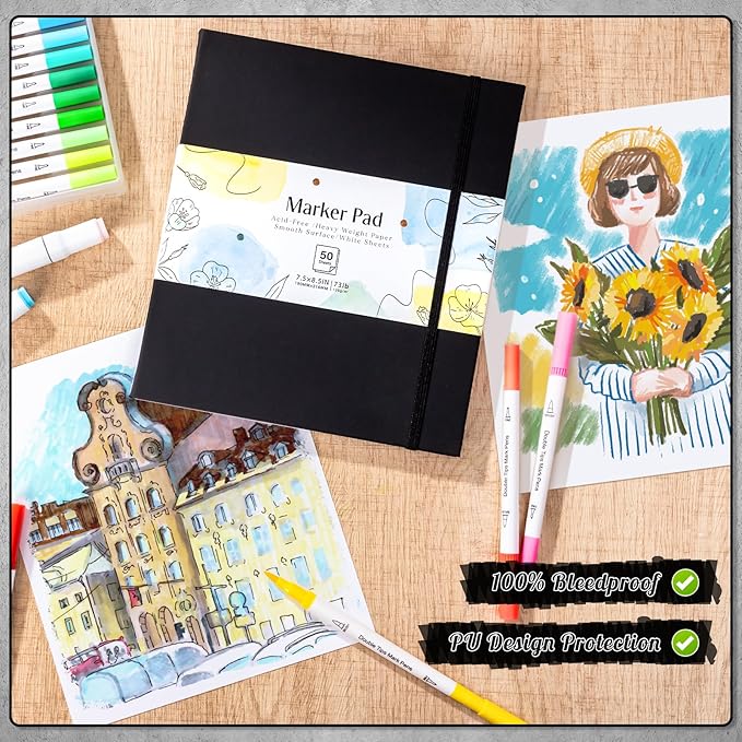 50 Sheets Hardcover Marker Paper Pad, 7.5x8.5in Alcohol Marker Paper Sketch Pad, 73lb/120gsm Heavyweight Spiral Sketch Book, Painting Coloring Drawing Paper for Beginners Artists Ideal Gift