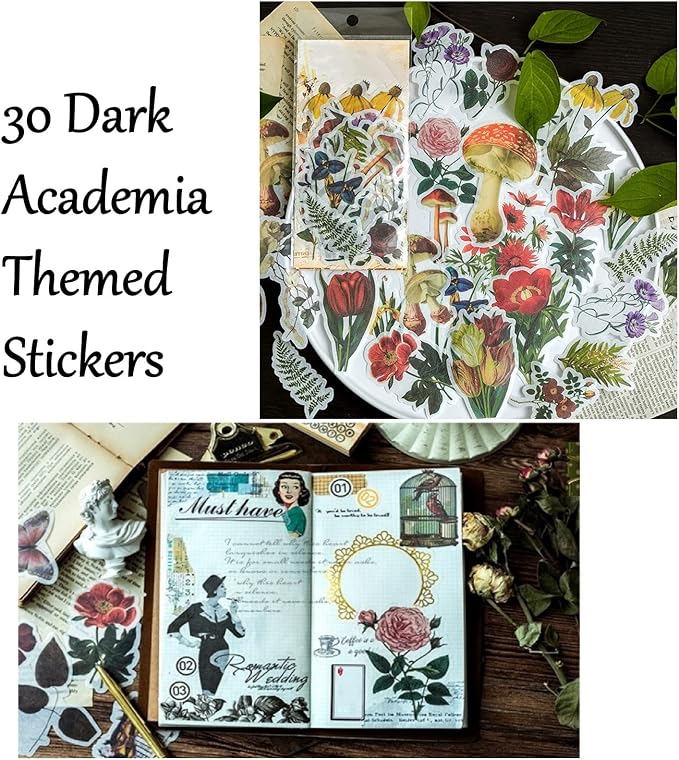 Vintage Aesthetic Scrapbook Supplies Kit with Scrapbook Paper, Stickers, Bookmarks for Scrapbooking, DIY Albums, Junk Journals, Bullet Journals, Dark Academia Aesthetic Decor (Dark1 129 Pcs)