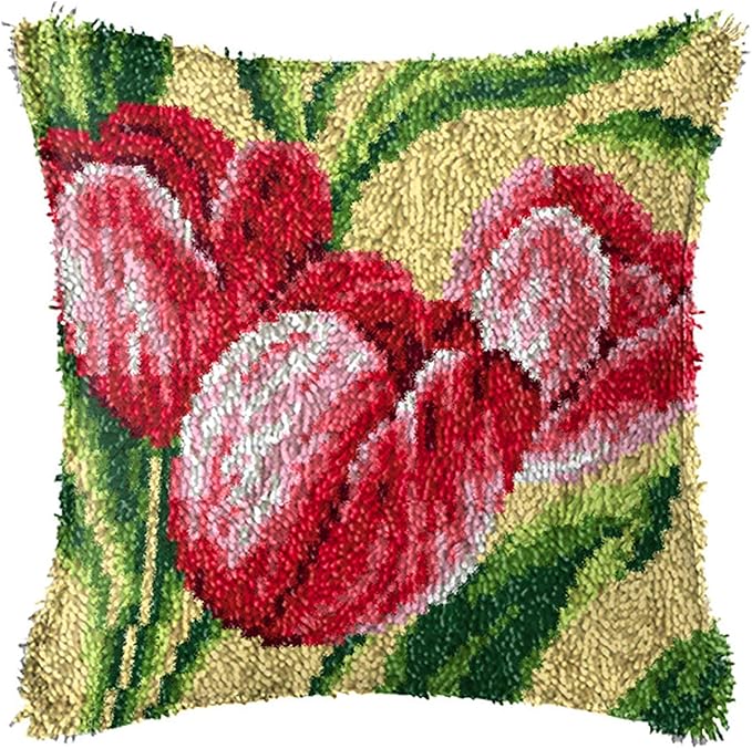 ZFFLYH Latch Hook Kit Pillow Cover DIY Sofa Cushion Making Crafts Kit Crocheting Embroidery with Pre-Printed Flower Pattern for Adult 17" X 17"