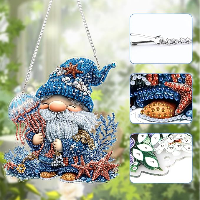 Lxmsja DIY Adorable Gnome Diamond Painting Hanging Ornament, Double-Sided Acrylic Jellyfish Diamond Art Kit, Special Shaped Suncatcher Hanging Pendant Window Art Kit 8x7 inch