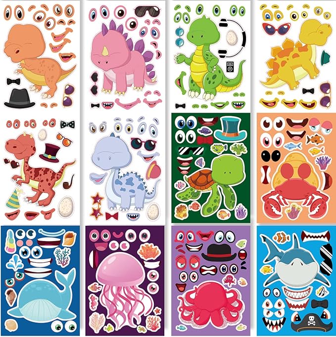 24 sheets 8.27''×5.9'' make your own stickers for kids toddlers, make a face stickers mix and match with unicorns dinosaur horse and sea animals for kids party favors activities