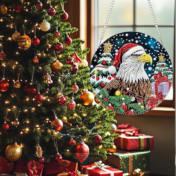 SENQAO Christmas Diamond Art Hanging Kits for Adults Kids, Eagle Diamond Art Suncatchers, 5D Special Shape Diamond Painting Pendant Window Ornament Gifts for Home Door Wall Decor