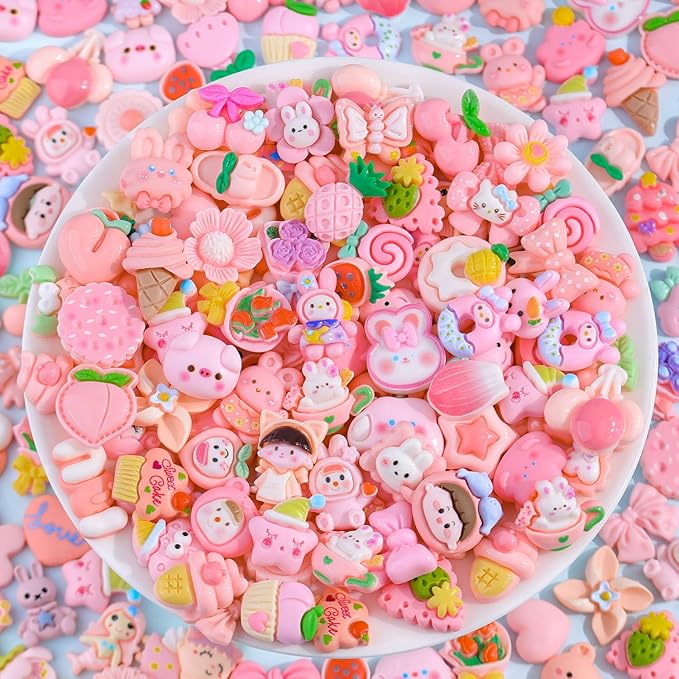 100PCS Pink Slime Charms Cute Flatback Resin Charms for Slime, Random Kawaii Decoden Charm for Embellishments Phone Junk Case Charms Bulk, Hairpins Scrapbooking Crafting & DIY Decoration