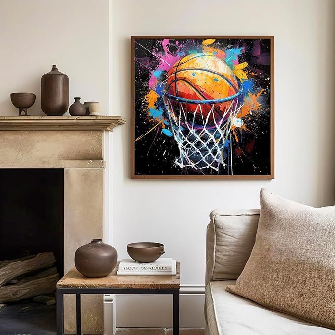 Paint by Numbers Kit for Kids with Frame, Basketball Paint by Numbers for Kids Ages 4-8-12, DIY Basketball Acrylic Oil Painting for Home Wall Art Decor Gift 7.8x7.8 inch (with Frame Easel)