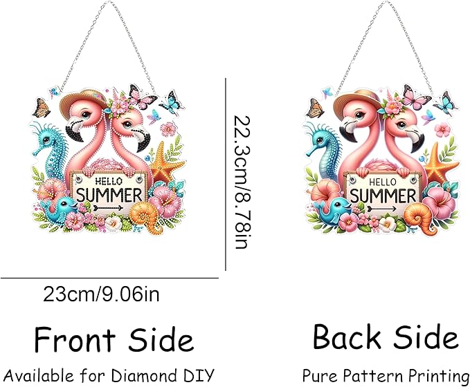 DIY Hanging Diamond Art Kit for Adult – 5D Gem Art Window & Wall Pendant, Acrylic Diamond Painting Ornament for Home & Garden Decoration (Summer Flamingos)