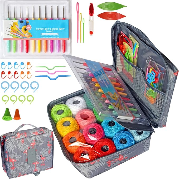 colored bird 16 Colors Crochet Thread Craft Yarn for Knitting and Crochet | Includes Crochet Hooks, Weaving Needles, Locking Stitch Markers All Tool Need Perfect Beginner Kit