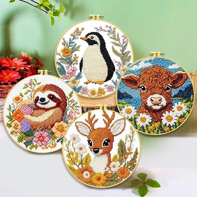 Zhenqing 4-Piece Animal Cross Stitch Kit for Beginners - Complete Set with Pre-Printed 11CT 24x24cm Fabric, Hoop & Tools (Penguin, Sloth, Cow, Deer Designs)(70405)