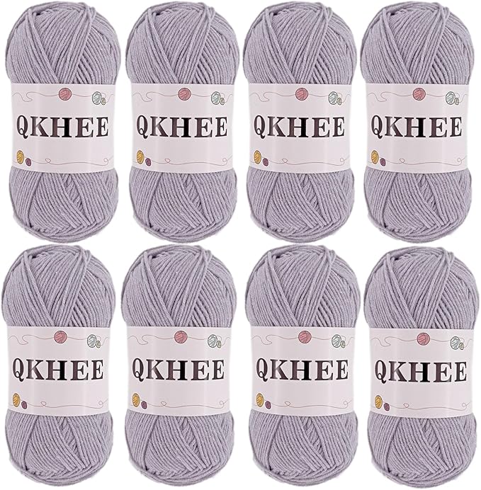QKHEEYarn for Crocheting and Knitting 8 * 1.76 Oz (50G) /195yd, Fine/Fingering Weight (1), 60% Cotton 40% Acrylic Soft Yarn kit for Making Granny Squares and amigurumi (Light Gray)