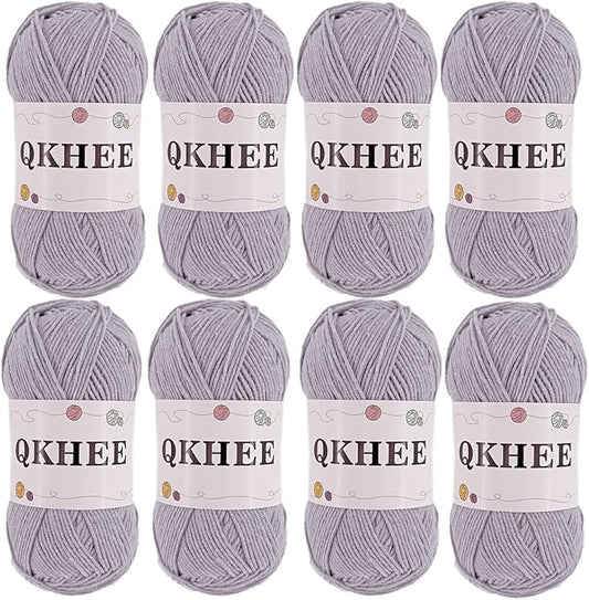 QKHEEYarn for Crocheting and Knitting 8 * 1.76 Oz (50G) /195yd, Fine/Fingering Weight (1), 60% Cotton 40% Acrylic Soft Yarn kit for Making Granny Squares and amigurumi (Light Gray)