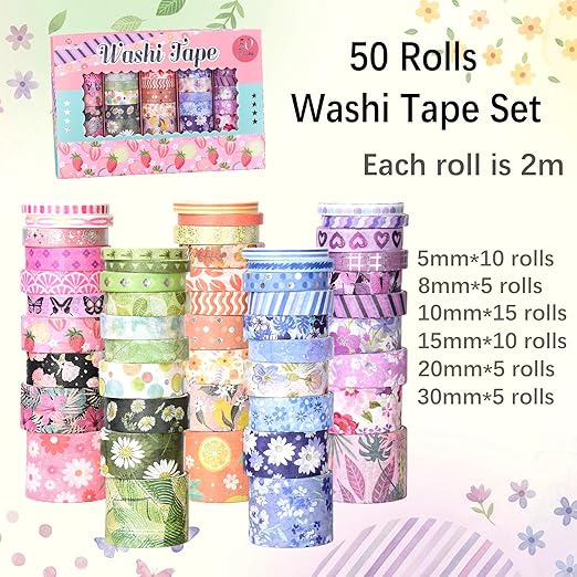 50 Rolls Washi Tape Set, Assorted Sizes, for Junk Journal Scrapbook, Bullet Journaling Scrapbooking Supplies, Planner Sticker DIY Craft Decor (Dreamy Pastels)