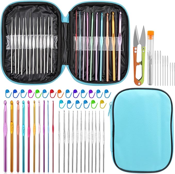 IMZAY 54 Pcs Crochet Hooks Set, 0.6mm-6.5mm Crochet Needles, Crochet Hooks Kit with Storage Case, Ergonomic Knitting Needles Stitch Marker Hand Craft Knitting Accessories for Beginners(Blue)