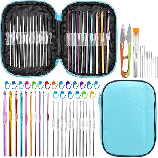 IMZAY 54 Pcs Crochet Hooks Set, 0.6mm-6.5mm Crochet Needles, Crochet Hooks Kit with Storage Case, Ergonomic Knitting Needles Stitch Marker Hand Craft Knitting Accessories for Beginners(Blue)