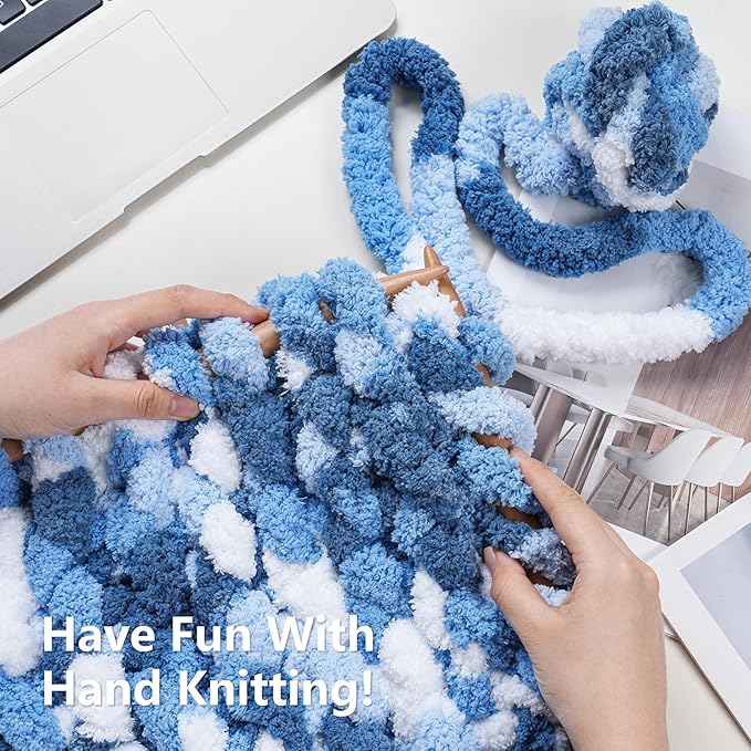 Chunky Yarn for Hand Knitting - #10 Chunky Chenille Blanket Yarn, Jumbo Big Thick Chunky Yarns for Crocheting, Tie Dye Bulky Knit Yarns, 8 Skein (25 yds 8 oz Each Skein), Sky&Navy&Royal&White