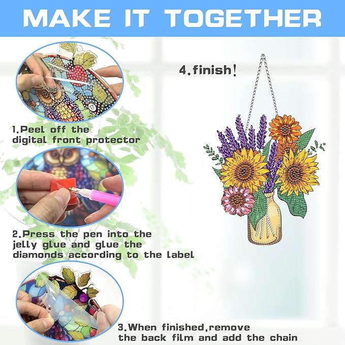 VAIIEYO Vase Diamond Art Hanging Ornament, Flower Diamond Painting Suncatchers Window Hanging Kit with Chain, 7.5x7.5 inch Crystal Pendant Art Craft for Gift Home Wall Front Door Decoration