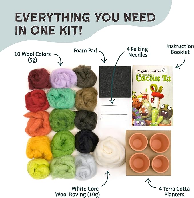 Woolbuddy Needle Felting Kit – Cactus & Succulent Felting Kit for Adults & Beginners, Beginner Needle Felting Kit with Wool Roving, Felting Needles, Foam Pad & Clay Pots | Cute DIY Craft Kit Gift