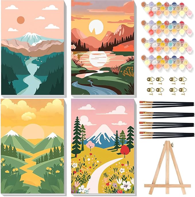 xackcme 4 Pack Paint by Numbers for Adults with Framed Canvas - with Wooden Easel, Landscape Paint by Number for Beginners, Easy Acrylic Oil Painting Kits with Brushes for Home Wall Decor (8x12 inch)