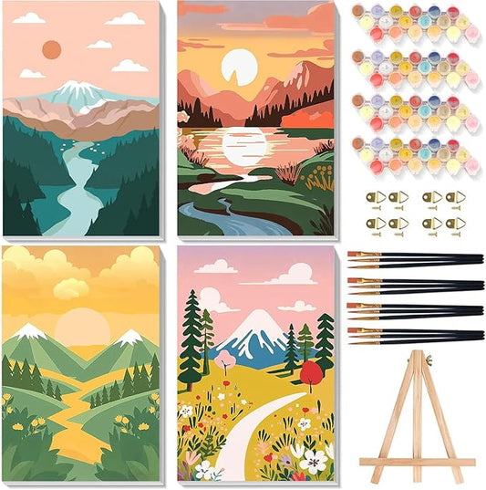 xackcme 4 Pack Paint by Numbers for Adults with Framed Canvas - with Wooden Easel, Landscape Paint by Number for Beginners, Easy Acrylic Oil Painting Kits with Brushes for Home Wall Decor (8x12 inch)