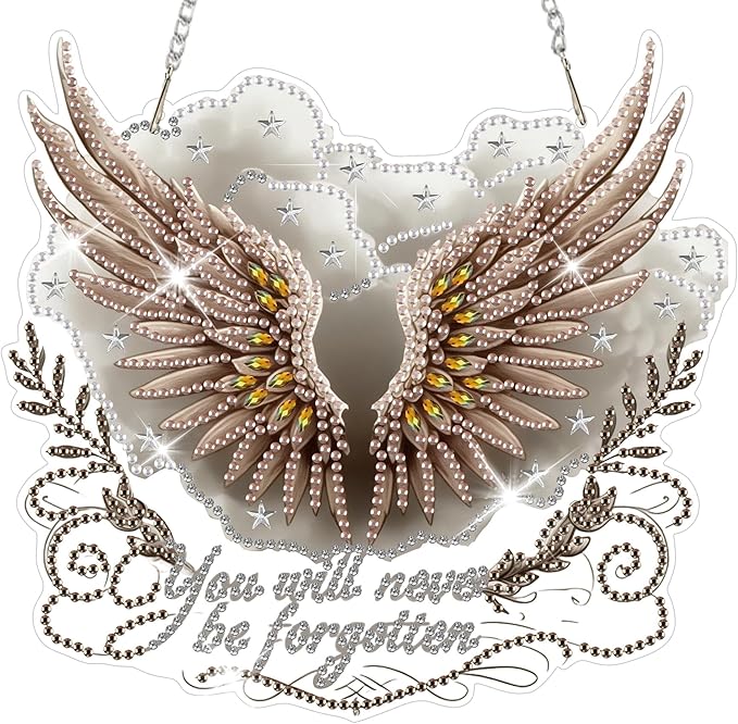 HEIBAGO Angel Wings Diamond Art Hanging Kits for Adults, Diamond Art Suncatchers You Will Neve be Forgotten, 5D Special Shape Diamond Painting Pendant, DIY Window Ornament Gifts Wall Decor 8.3 x 8.3In