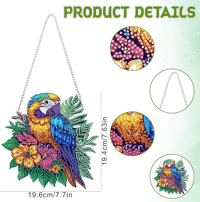 RICUVED Hanging Diamond Art Painting Kit Parrot, Special Shaped Crystal Gem Craft Bird Diamond Painting Pendant Kit for Adults Beginners, DIY Hanging Acrylic Diamond Art Ornament Kit for Home Garden