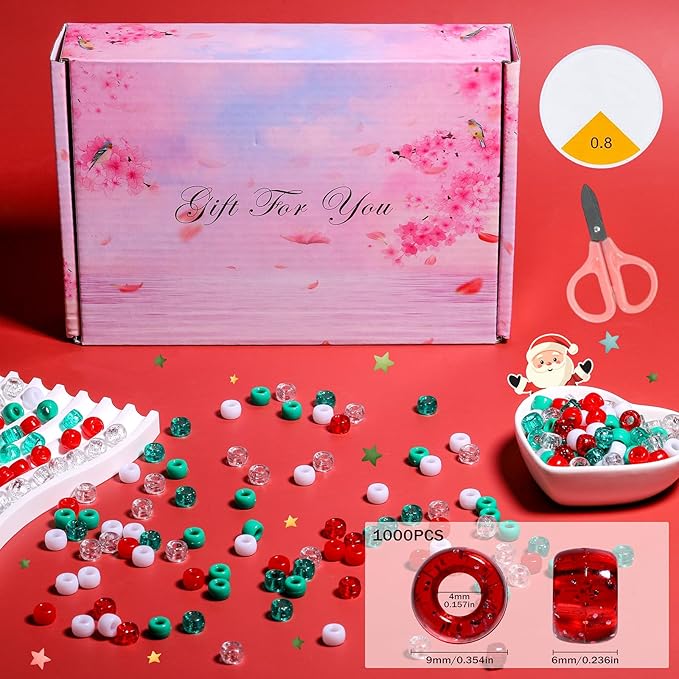 1000Pcs Friendship Bracelet Christmas Beads for Jewerly Making 6x9mm Pony Beads for Bracelets DIY Crafts, 5 Style Color Hair Bead for Braids with Stretch Cord and Scissors