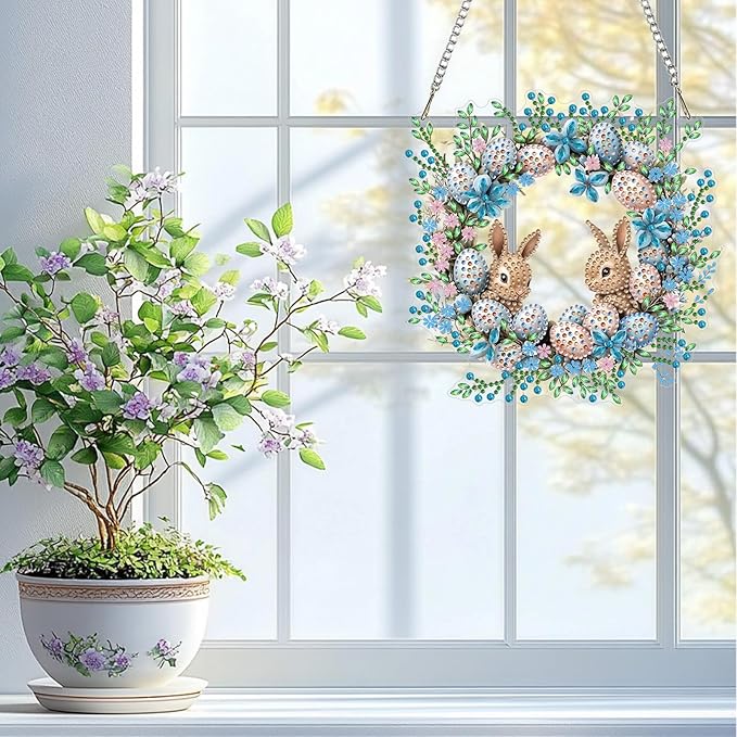 QENSPE Diamond Painting Art Hanging Kits for Adults, 5D Easter Special Shape Diamond Paingting Ornaments with Chain, DIY Rabbits Crystal Window Pendants for Home Wall Decor Double Sided 8X8 inch