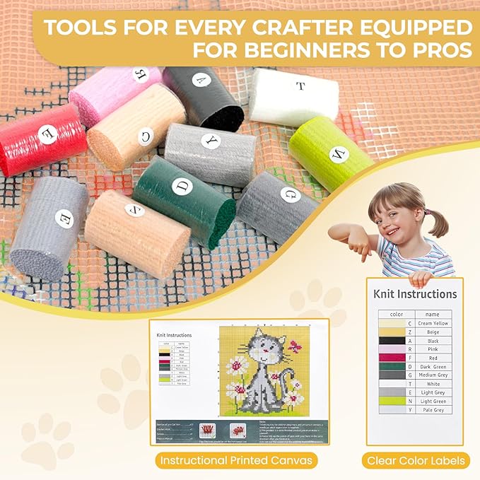 EsLuker.ly Yellow Cat Pattern Latch Hook Pillow Kits for Beginners, Animal Pre-Printed Canvas Yarn Pillow Hooking Kits, DIY Crochet Cushion Creative Craft, Ideal for Home Decor and Fun Crafting