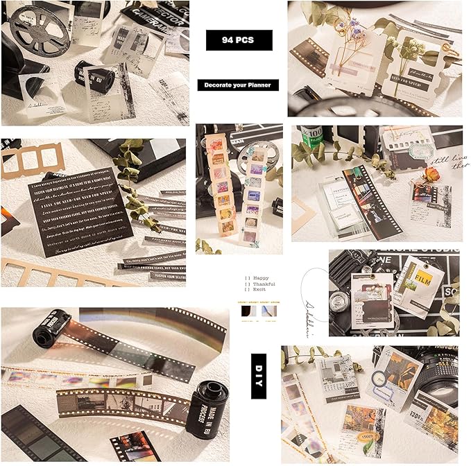 Doraking 94PCS Film Scrapbook Paper Packs for Journaling Supplies, Washi Stickers Material Papers Memos Cards Waterproof Tape Stickers for Journals Planners Aesthetic DIY Art Crafts Collage Album