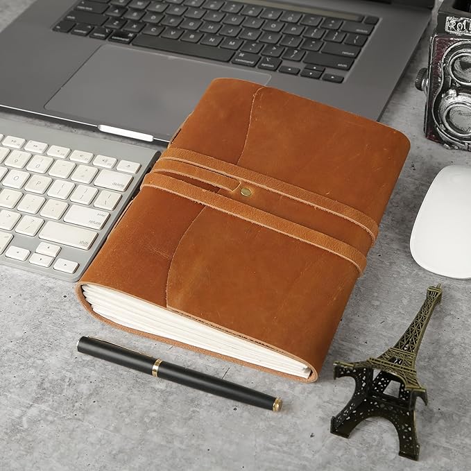 KomalC Handmade Leather Journal/Writing Notebook Diary/Bound Daily Notepad For Men & Women Unlined Paper Medium, writing pad gift for artist, sketch (Tan, 7 x 5)