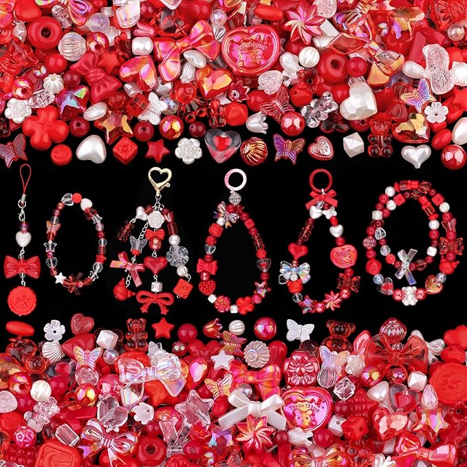 200-260PCS TINKRSTUFF Assorted Acrylic Beads Red Cute Beadsfor Bracelet Making, Bow Flower Butterfly GummyBear Kawaii Charms, Aesthetic Bead for Necklace Keychain Jewelry Making DIY Phone Charm