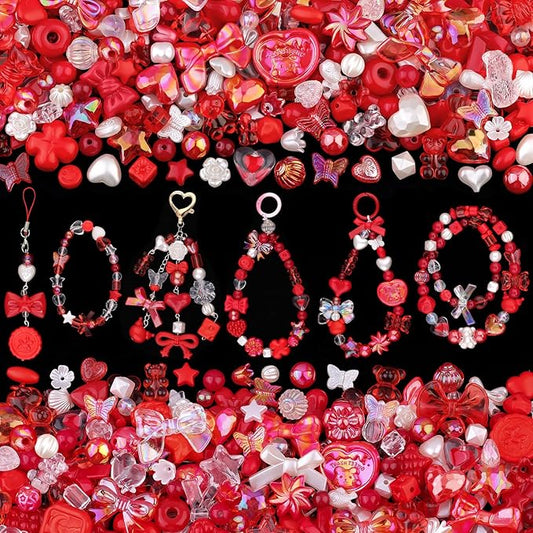 200-260PCS TINKRSTUFF Assorted Acrylic Beads Red Cute Beadsfor Bracelet Making, Bow Flower Butterfly GummyBear Kawaii Charms, Aesthetic Bead for Necklace Keychain Jewelry Making DIY Phone Charm