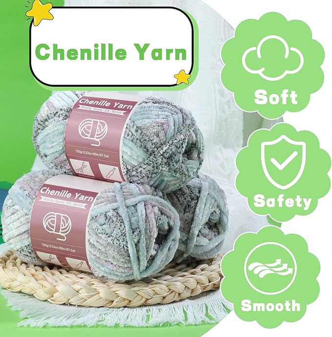 LUNARM Chenille Yarn for Crocheting Knitting, 3 Skein 10.58 oz / 263 Yard Thick Soft Chunky Fluffy Weaving Plush Yarn for Blankets Clothes Pattern with Big Eye Needles(Gray Green Gradient)