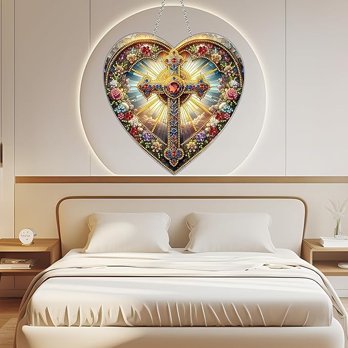 JJFox DIY Acrylic Diamond Art Painting Wreath Kits Special Shaped Rhinestone Diamond Art Window Pendants Home Garden Wall Hanging Kits Hanging Ornament (Cross-1)