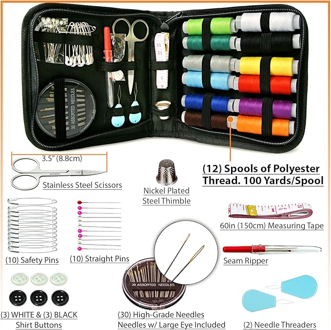 Vellostar Small Sewing Kit for Beginners – Portable Needle & Thread Travel Kit w/ 12 Thread Colors, Needles, Scissors & Measuring Tape for Emergency Clothing Repairs, Buttons, Hemming & Quick Mending