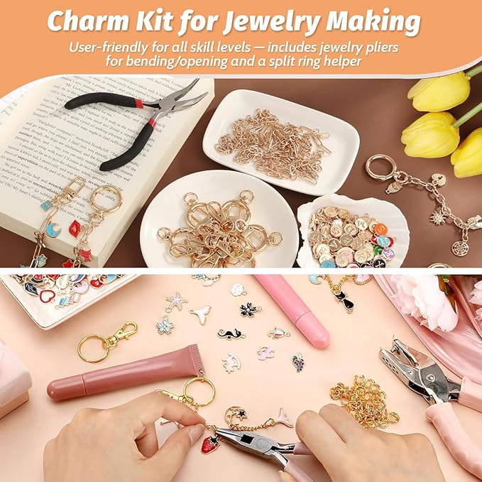 XUHAO7 544-Piece DIY Jewelry Making Kit - Birthday Gift Craft Set with Pendants, Keyring Hooks, Chains, Clasps & Tools - Free 5 Velvet Drawstring Pouches & Storage Box
